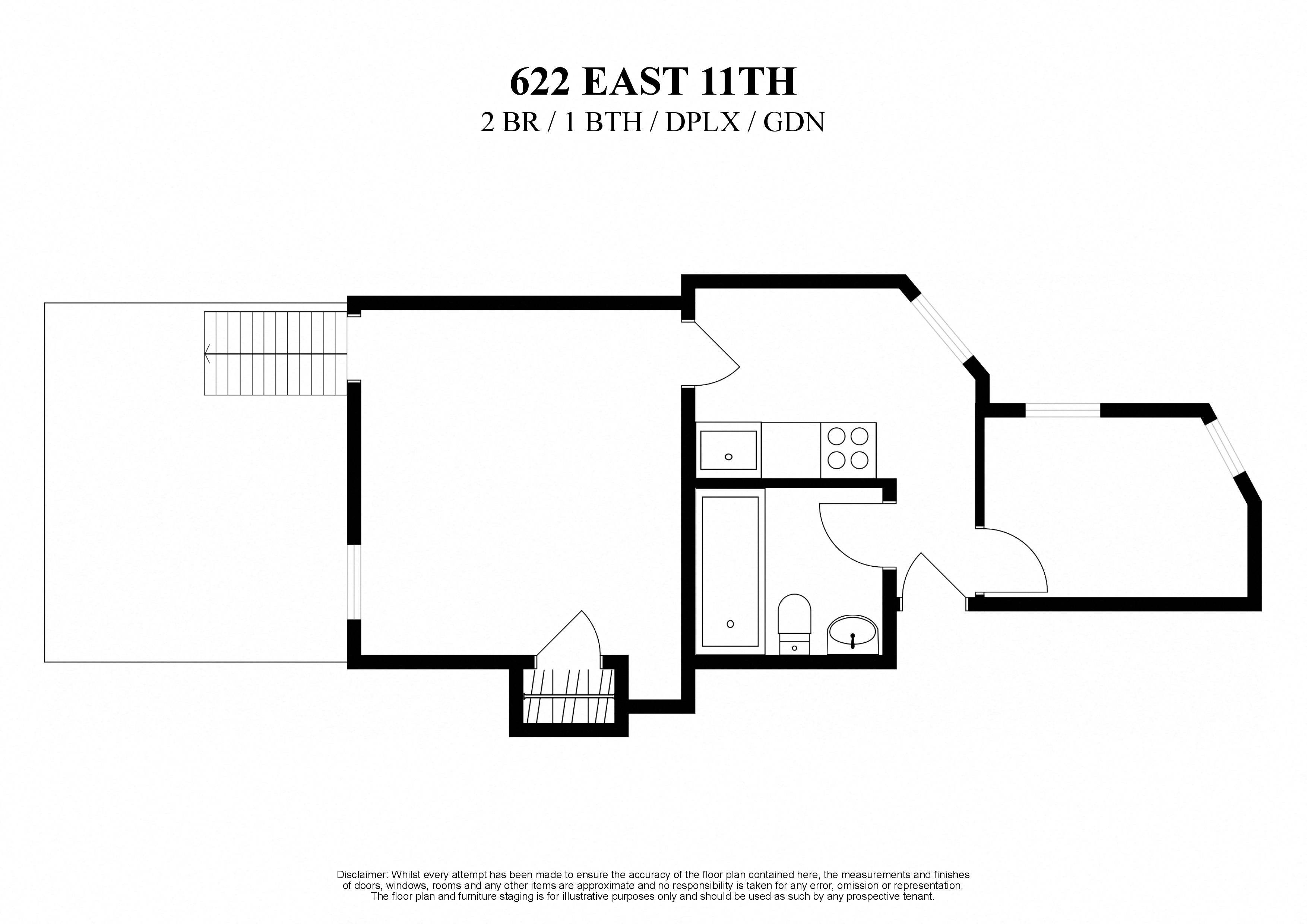 Floor plan for two bedroom one bathroom duplex with a private garden at 622 East 11th Street New York